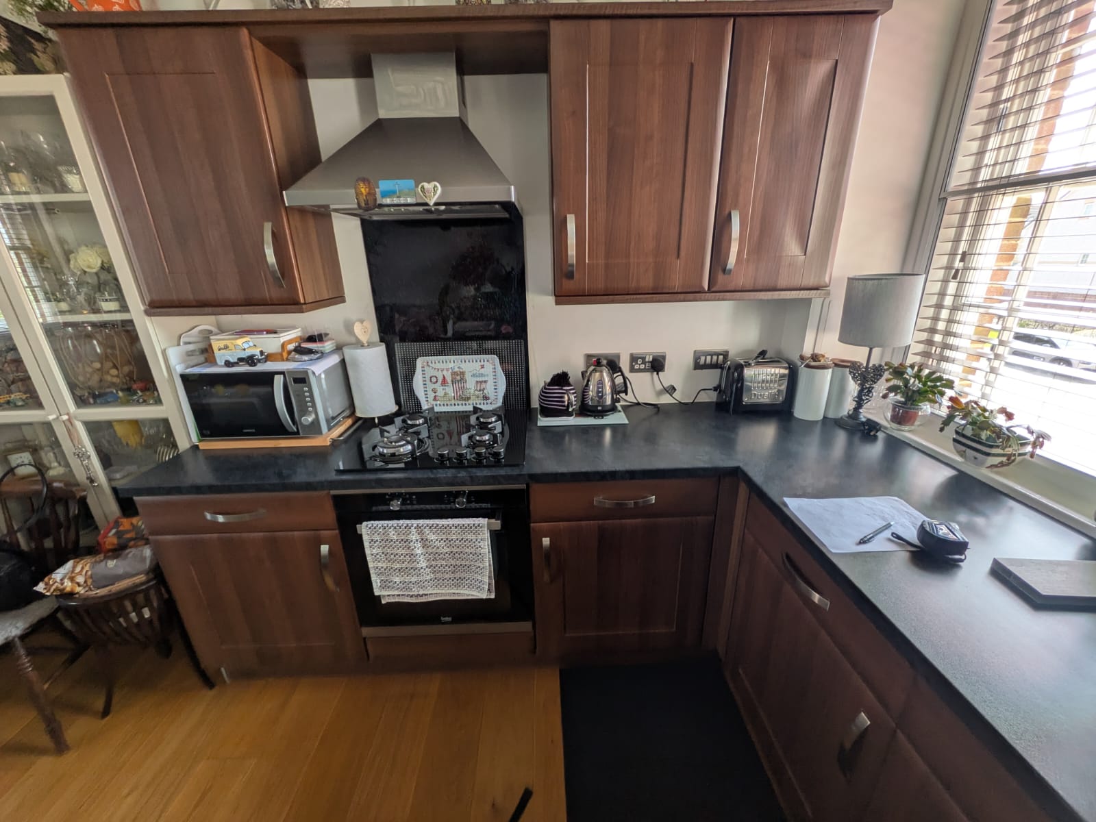 Lanark kitchen before, dark walnut shaker doors and black granite